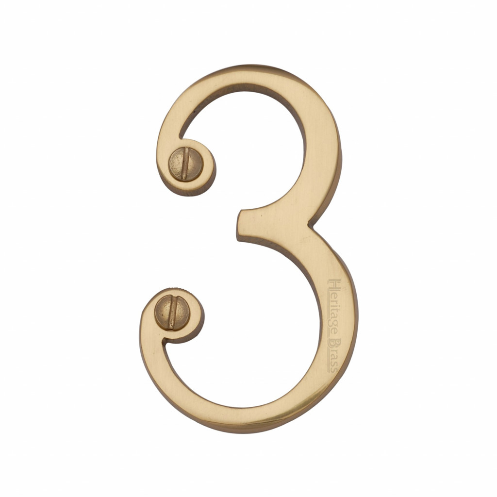 M Marcus Heritage Brass Numeral 3 - Face Fix 76mm Slimline font